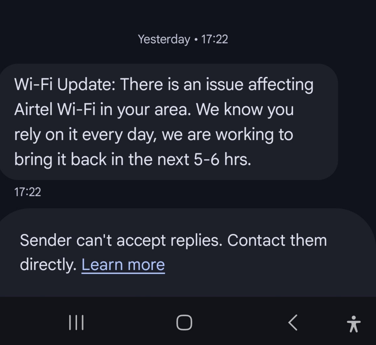 i_Just_Ask's tweet photo. @airtel @airtelindia Got this message 16 hrs ago, but still no internet or update. It’s been 4 days without service. Pathetic service and zero communication. Resolve this ASAP and before that respond. https://t.co/jS4oFqOzie