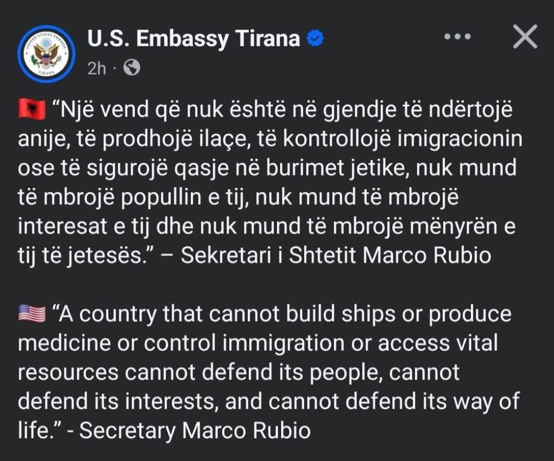 FadilPushkolli's tweet photo. 🇺🇸 Mesazhi i Marco Rubios është i qartë: një shtet që nuk kontrollon kufijtë, nuk prodhon dhe nuk garanton burimet jetike, nuk mund ta mbrojë popullin e tij.

Edi Rama duhet ta dëgjojë mirë: #DorëheqjeEdiRama https://t.co/Gzw9zENn3S