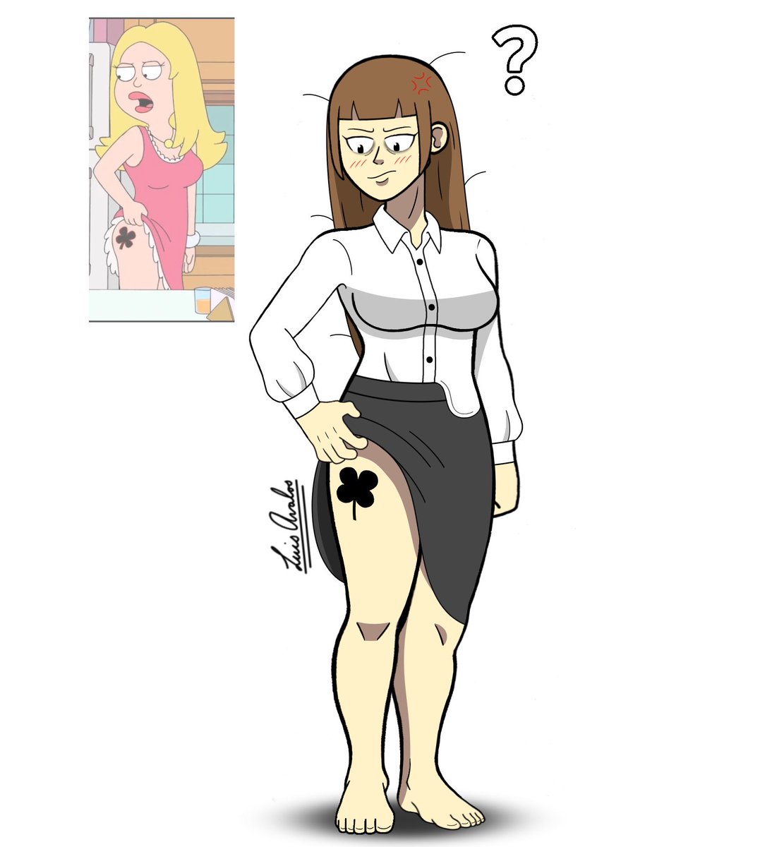 LuisAvalosEnt's tweet photo. This is the last time Emma has a girls night out after work with her friends. Now she's hungover and has a clover tattoo on her upper thigh but I'm sure Chao would love it lol. (Pose inspired by Francine Smith from American Dad) 🍀

#oc #tattoo #milf #theartsofmars https://t.co/xVitKY73gy