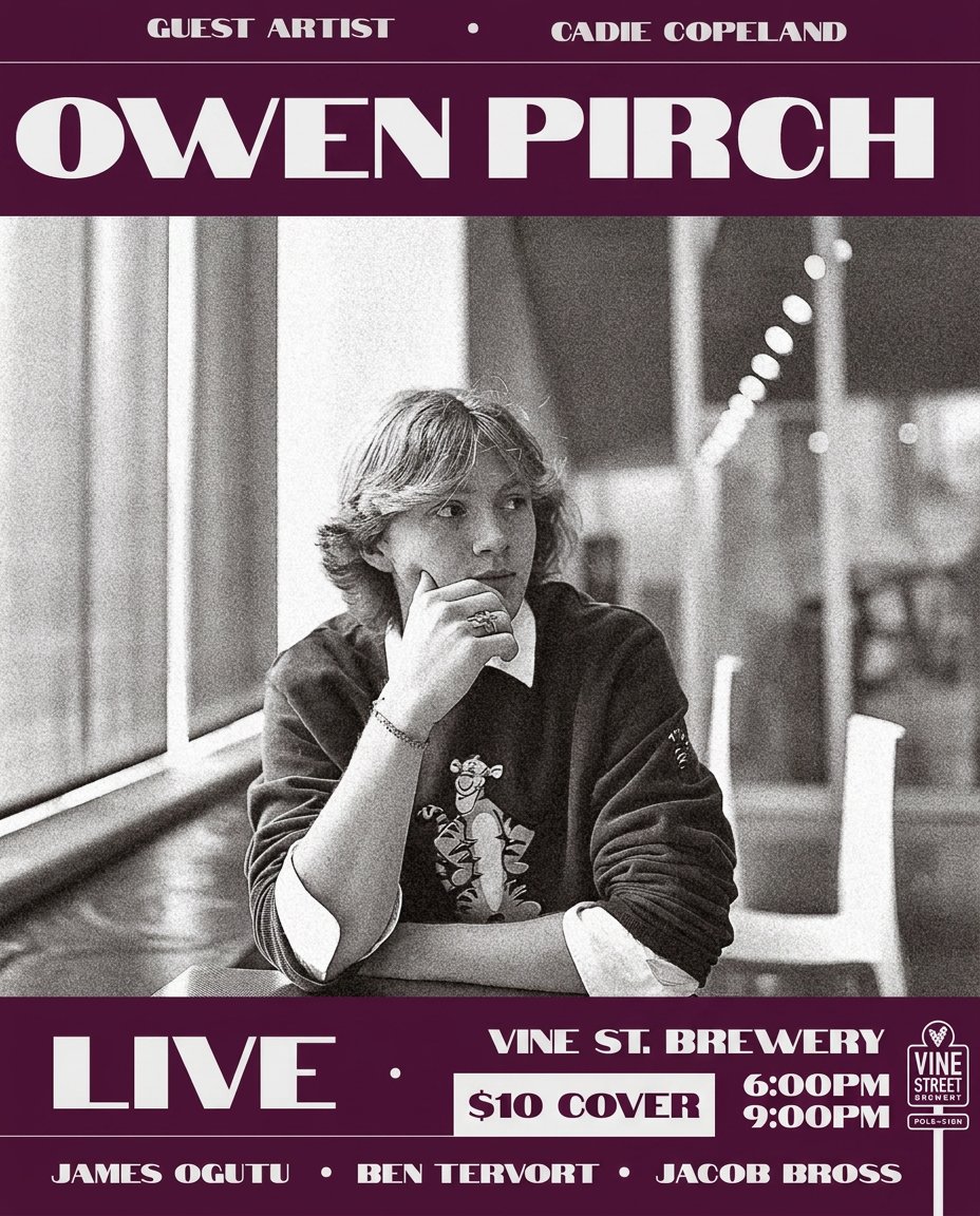 Vinestbrewing's tweet photo. Tonight! Owen Pirch and four more in the Groove Room. $10 gets you in. https://t.co/WSp3dDVb63 https://t.co/IPG69ODblY