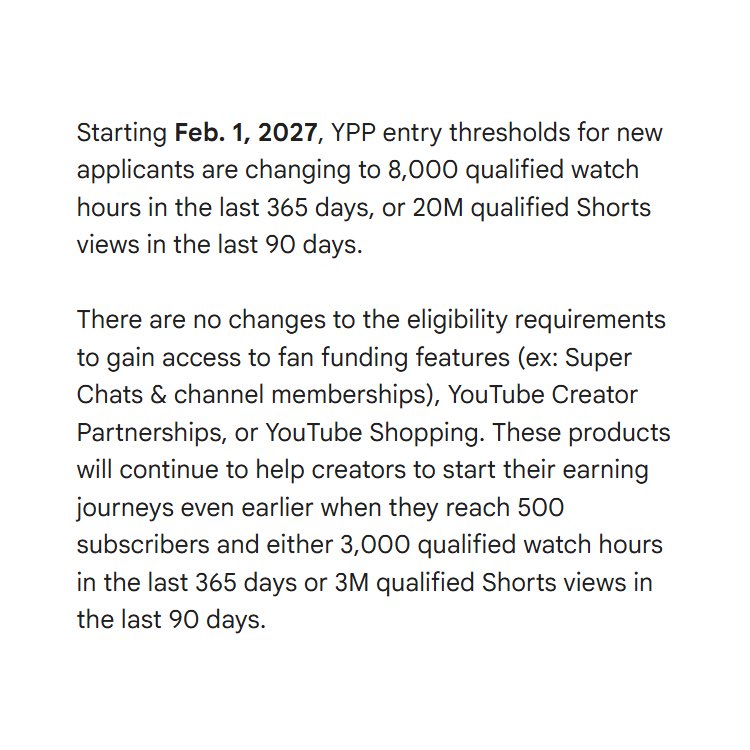 NickTheIronLyon's tweet photo. YouTube is going to get a little harder to partner up starting February 2027. What are your thoughts? I think if you’ve had any plans to start YouTube now is the time before this becomes official. https://t.co/uReTjD12TQ