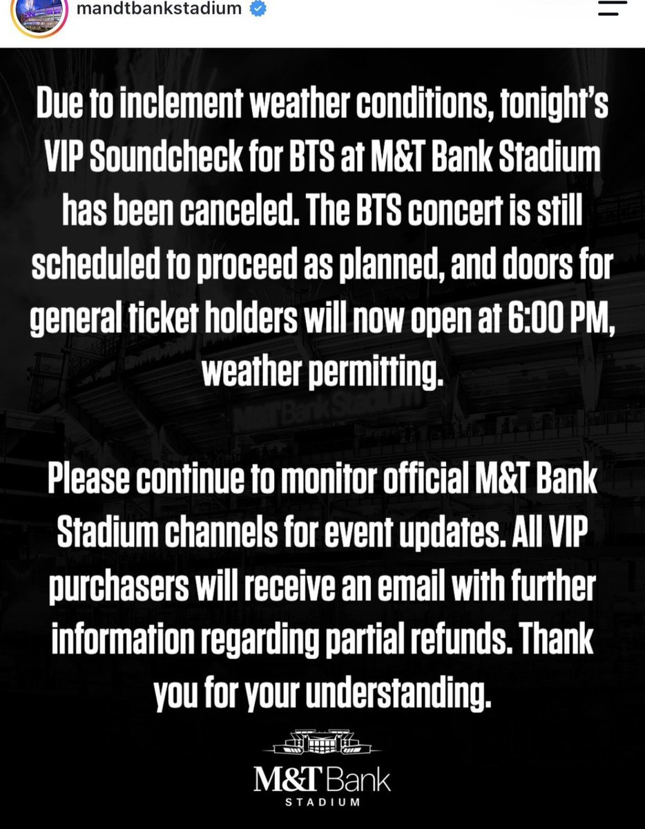 Jiniya1204's tweet photo. Today's soundcheck is canceled officially.
I was dreading to see this but the weather here is still not too cooperative. Safety first for everyone🙏
M&T Bank Stadium Baltimore Instagram 
Due to inclement weather conditions, tonight’s VIP Soundcheck for BTS at M&T Bank Stadium has been canceled. The BTS concert is still scheduled to proceed as planned.
#Baltimore 
#BTS_ARİRANG_BALTIMORE