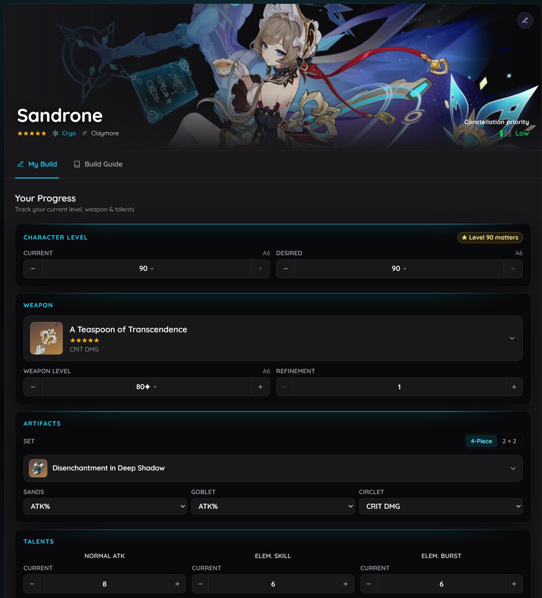 Doro44's tweet photo. I’ve been working on something for a while now and it’s finally almost ready 🙂

I wanted a website that helped new or casual Genshin players learn to build characters simple and easy and letting you track your builds too.

So… I made it.

My Genshin Tracker launches THIS FRIDAY.

Pre-register here: https://t.co/fqZYlVhlxj