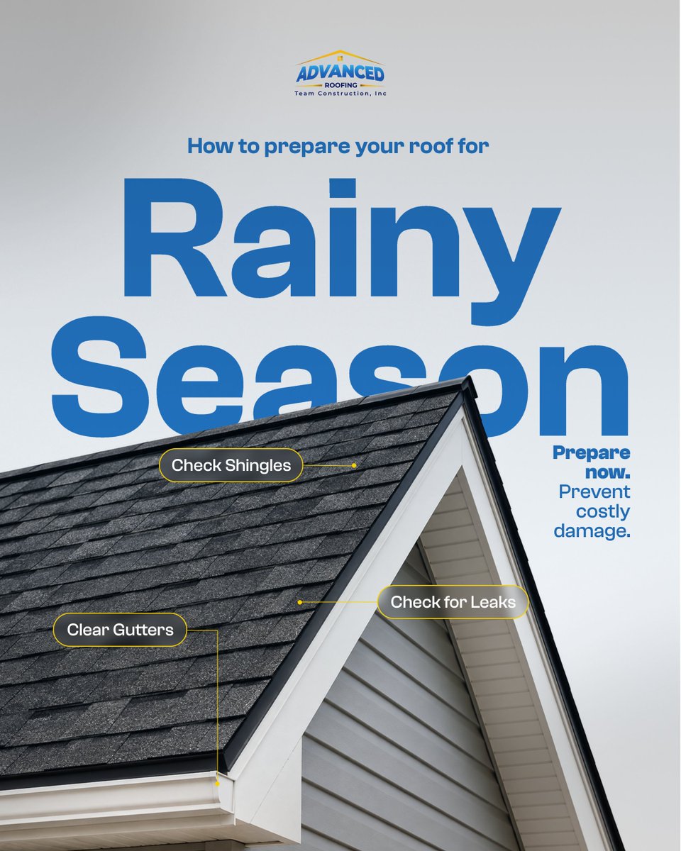 advanced_team26's tweet photo. Prepare now, avoid costly damage.

Before rainy season hits, take a few minutes to check your shingles, clear out your gutters, and look for any signs of leaks. A little preparation now goes a long way in protecting your home from water damage later.

✅ FREE Roof Inspection
✅ Trusted Local Roofing Professionals
A stronger roof means greater peace of mind. Let's build a roof you can rely on.
📞 Call (877) 945-6565 to schedule your free inspection today.