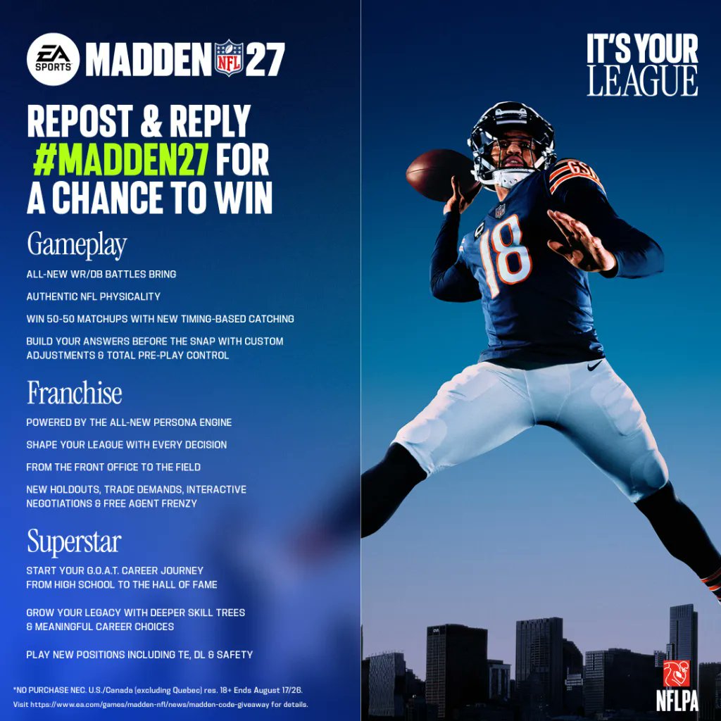 TDPresentsYT's tweet photo. Want to play #Madden27 3 days early? 

It’s Your League and I’ve teamed up with @EAMaddenNFL to give away some Deluxe Edition codes!  

Repost + reply with #Madden27 for a chance to win a code and get on the field early. https://t.co/BMLwAqQH5L