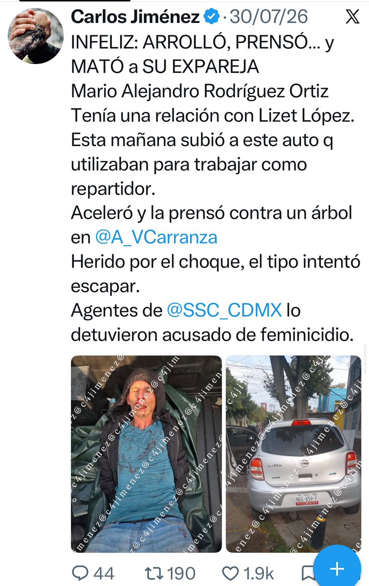 c4jimenez's tweet photo. LIBRE. El TIPO q ARROLLÓ, PRENSÓ y MATÓ a SU EXPAREJA
La @FiscaliaCDMX no pudo sostener la acusación Vs Mario Rodriguez.
El 30 de julio prensó a Lizet López vs un árbol en @A_VCarranza 
Agentes de @SSC_CDMX lo detuvieron.
La Fiscalía lo acusó de FEMINICIDIO, pero el juez reclasificó solo por homicidio culposo… y lo dejo ir.

El caso #C4EnAlerta