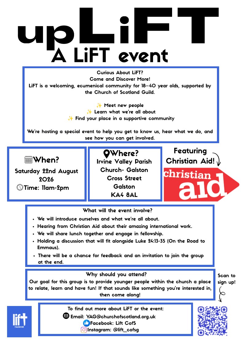 HurlfordChurch's tweet photo. LIFT is an ecumenical community for 14 – 40 year-olds, supported by the Church of Scotland Guild. Learn more at a special event in Irvine Valley Parish Church, Galston on Saturday August 23rd from 11am – 2pm. Further details are on the Church website https://t.co/sHvlvasAV8 https://t.co/rPhG0ia84z