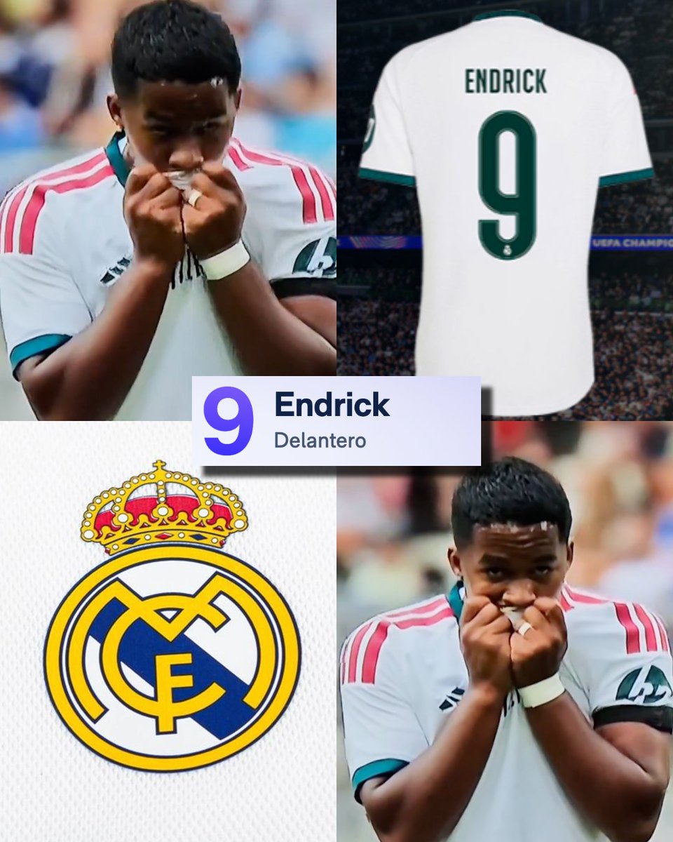 InvictosSomos's tweet photo. Con ustedes, el NUEVO 9 del Real Madrid. Sí, pese a los rumores sobre una posible cesión, Endrick se quedará en el equipo de José Mourinho. Y lo hará portando el icónico número que pasó por figuras de la talla de Hugo Sánchez, Iván Zamorano, Ronaldo Nazário, Cristiano Ronaldo, Karim Benzema y Kylian Mbappé. El club más grande del mundo tiene nuevo 9. ENDRICK SE QUEDA.
