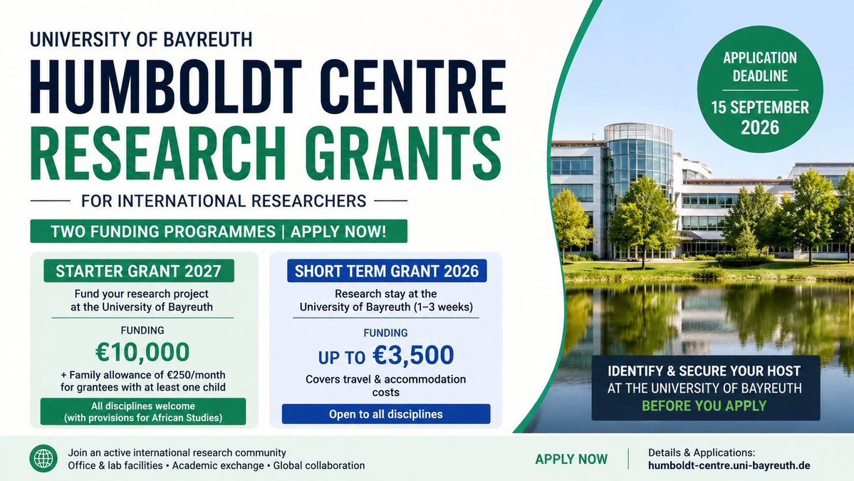 MrsScotty_M's tweet photo. Research Funding Opportunities at the University of Bayreuth

International researchers with a completed PhD can apply for the University of Bayreuth Centre of International Excellence “Alexander von Humboldt” funding programmes.

🌟Starter Grant 2027
 €10,000 research funding
 €250 monthly family allowance for grantees accompanied by at least one child
 Open to researchers across disciplines
 Opportunity to collaborate with a host researcher at the University of Bayreuth
 Successful grantees may later apply for a €20,000 Booster Grant

🌟 Short Term Grant 2026
 Up to €3,500 for travel and accommodation
 Research stays of approximately 1–3 weeks
 Open to researchers across disciplines
 Requires collaboration with a host researcher at the University of Bayreuth

📌 Application Deadline: September 15, 2026
🔗 Apply and learn more: https://t.co/3zZ4drWCgi