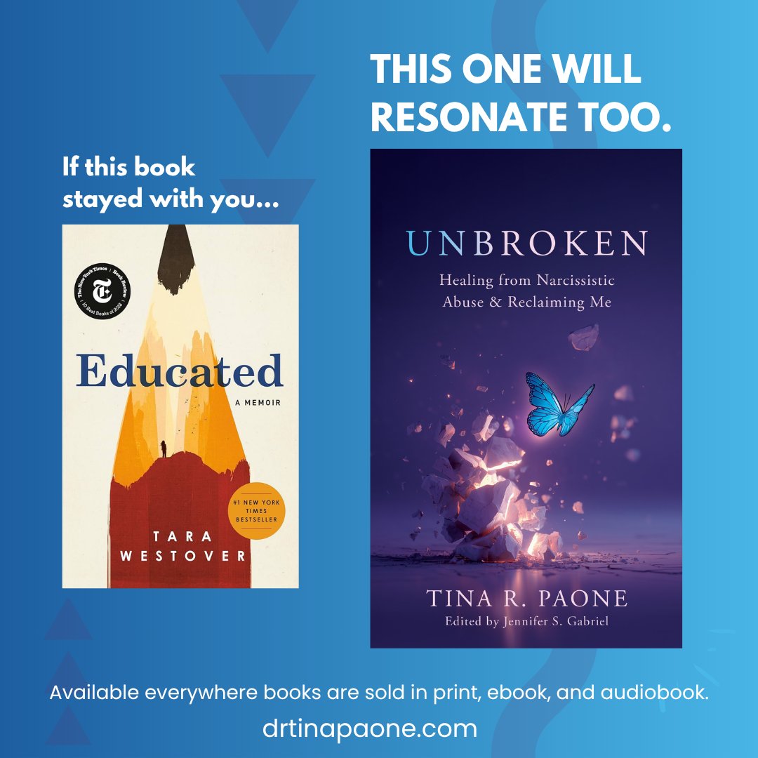 DrPaone's tweet photo. If Tara Westover’s story stayed with you, Unbroken may resonate for many of the same reasons. Both memoirs explore what it costs to question the reality you were raised in—and what it takes to choose your own truth anyway. @tarawestover #narcissisticabuse #therapy #Unbroken https://t.co/lqiGJP4oyT