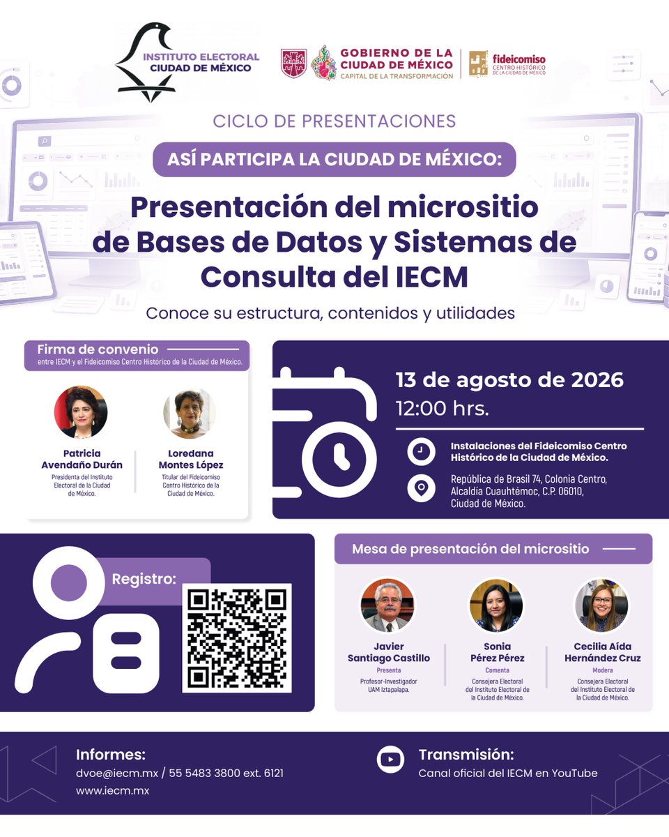 IECMDD09's tweet photo. Acompáñanos a la presentación del micrositio Bases de Datos y Sistemas de Consulta del @iecm, un espacio diseñado para consultar información importante, accesible y útil.
📅 13 de agosto de 2026
⏰ 12:00 h
📍 República de Brasil 74, Centro Histórico
📺 Transmisión en YouTube IECM https://t.co/kCJPMF1jfB