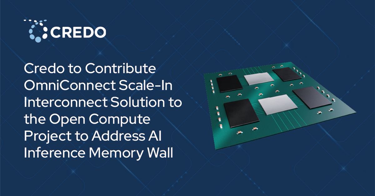 credosemi's tweet photo. As AI inference scales, the industry needs new ways to connect compute and memory.

Today, we announced our plans to standardize an interconnect within the Open Compute Project Foundation Community. We have established the OCP Open Chiplet Economy (OCE) Lightweight Serial Interconnect (LSI) Workstream and plan to contribute our OmniConnect lightweight AXI framer specification to OCP. The standardization of a lightweight, high-efficiency serial interconnect option promotes the flexible composition of chiplet-based and modular AI systems and reduces reliance on HBM.

“We formed the OCP LSI Workstream to address a clear industry need for innovative interconnect solutions that address the memory wall problem while also enabling a new generation of high-bandwidth and power-optimized modular architectures for AI systems,” said Vishal Shah, Vice President of Product, Credo. “Advancing an open approach to lightweight framing and serial interconnect is critical to enabling flexible chiplet integration, including near-package pluggable configurations, for the next wave of AI inference.”

Learn more: https://t.co/kmAbNwRIz0

#WeConnect