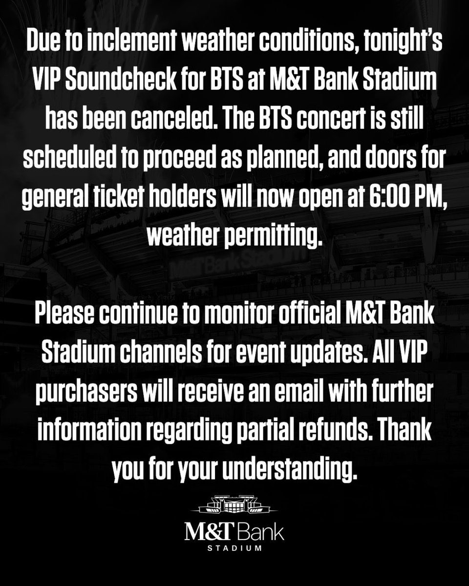 PanamaBts's tweet photo. [INFO] 10-08-2026

El soundcheck para el primer día de “BTS WORLD TOUR ARIRANG EN BALTIMORE” ha sido cancelado debido a las condiciones climáticas en el área 😢 

“Debido a condiciones climáticas adversas, el soundcheck VIP de BTS de esta noche en el M&T Bank Stadium ha sido cancelado. El concierto de BTS sigue programado para continuar según lo previsto, y las puertas para los asistentes se abrirán a las 18:00, si las condiciones lo permiten.”

ARMY, se les recomienda estar pendientes a los canales oficiales de M&T Bank Stadium para obtener actualizaciones sobre el evento‼️

Cr Es. PanamaBTS
#BTS_WORLDTOUR_ARIRANG_BALTIMORE