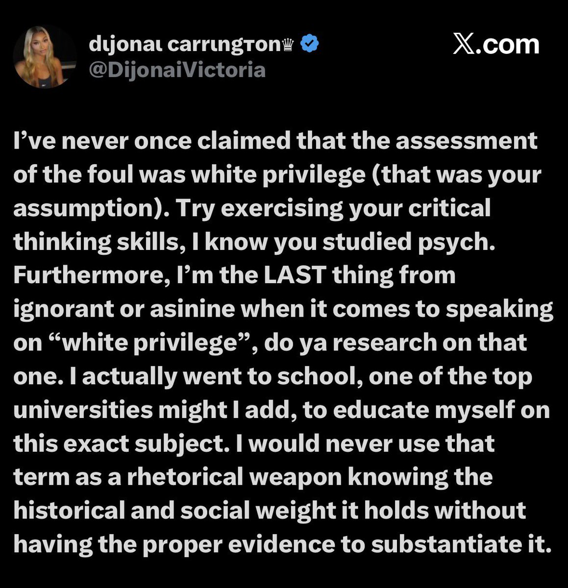 ginamilan_'s tweet photo. Dijonai Carrington: “I’ve never once claimed that the assessment of the foul was white privilege (that was your assumption)”

Girl, stop.

You posted that right after getting ejected for a flagrant 2 on Sophie Cunningham.

Nobody assumed shit. You said it. https://t.co/jEtC2Kjrzr