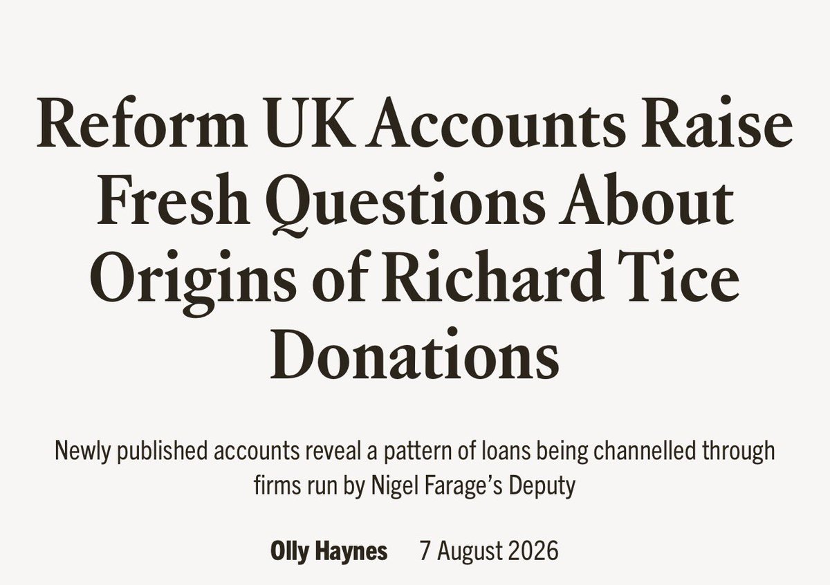 LizWebsterSBF's tweet photo. 🚩🚩🚩🚨 More questions about Reform UK’s money.

New accounts show Reform took £22.8m in donations in 2025 and built an £11.9m cash surplus.

But the money trail around Richard Tice gets more interesting.

Byline reports that Fiona Cottrell injected £1.075m into Tice’s company remarkably close to the £1.083m Reform owed another Tice company.

£500k subsequently went to Reform. Reform repaid some of Tice’s loan. The remaining £613k was ultimately converted into a donation.

None of that proves wrongdoing, but  it raises a very simple question:
Where did the money ultimately come from?

And that is precisely why scrutiny of political funding matters.