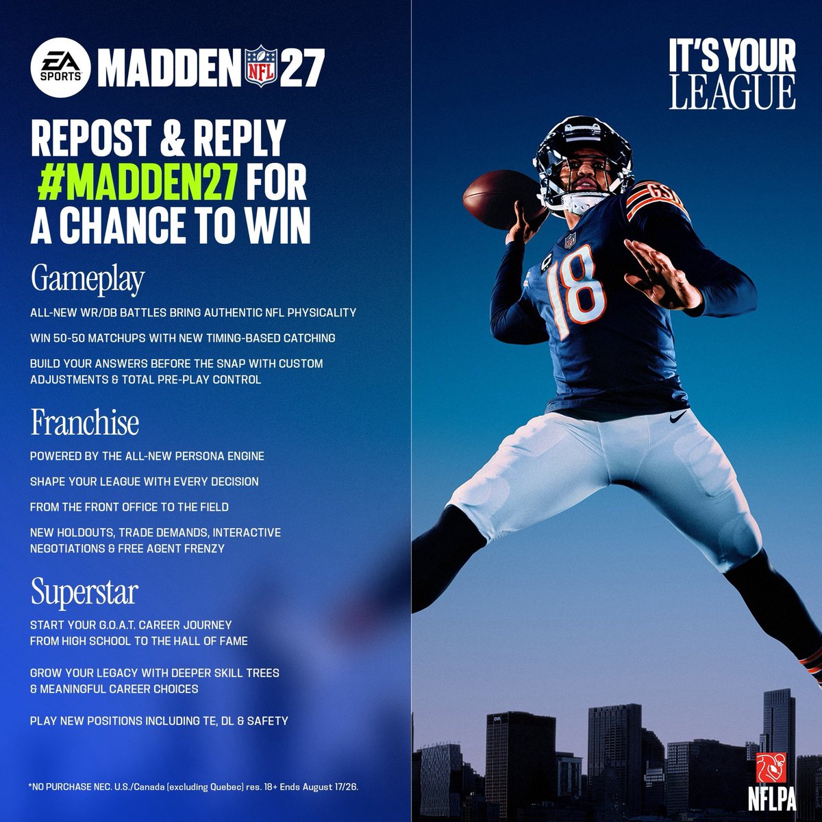 bearszn's tweet photo. 🚨 MADDEN NFL 27 GIVEAWAY 🚨

I’m teaming up with @EAMaddenNFL to give away 4 Madden NFL 27 codes! 

🎮 2 PlayStation codes | 2 Xbox codes 

HOW TO ENTER:

🐻 Like &amp; Retweet this post
🐻 Follow me @bearszn + @EAMaddenNFL 
🐻 Reply with #Madden27 + your console 

Good luck! 🏆 https://t.co/M1fnFXPbKr
