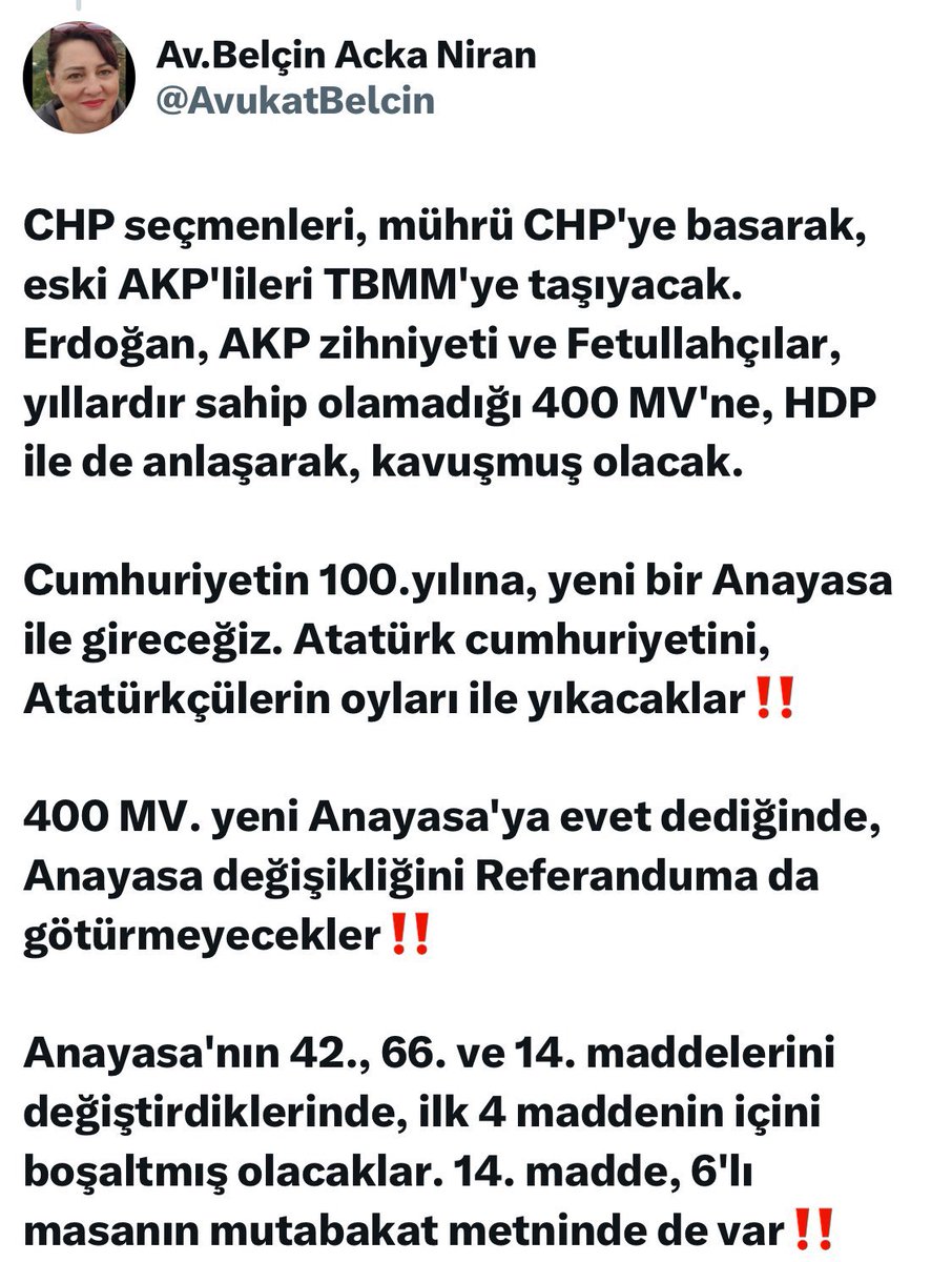 AvukatBelcin's tweet photo. Neden ısrarla TBMM tablosunu göz ardı ediyorsunuz acaba? 

2023'de de uyardım; TBMM, kimin CB. seçileceği kadar önemli dedim, umursamadınız. 

Buyrun, TBMM tablosu ortada.
%90'ı vatan haini. 

Neden?

Çünkü kime oy verdiğiniz umurunuzda bile olmadı. 

Ben zaten Memleket Partisi'ni ve Muharrem İnce'yi destekledim. İki adaya da, iki ittifakın MV. adaylarına da oy vermedim.

6'lı masayı ve adayını destekleyenler, en azından MV. listelerinde İYİ Partiye oy verseydi, bugün TBMM'de 200'ün üstünde İYİ Partili verecekti bugünkü mücadeleyi‼️

Memleket Partisini destekleseydiniz, yine mecliste 200 kadar Atatürkçü olacaktı.

Bugün Türkiye Cumhuriyeti doğrudan hedef alınmışken, en azından defalarca uyardığım için vicdanım çok rahat...