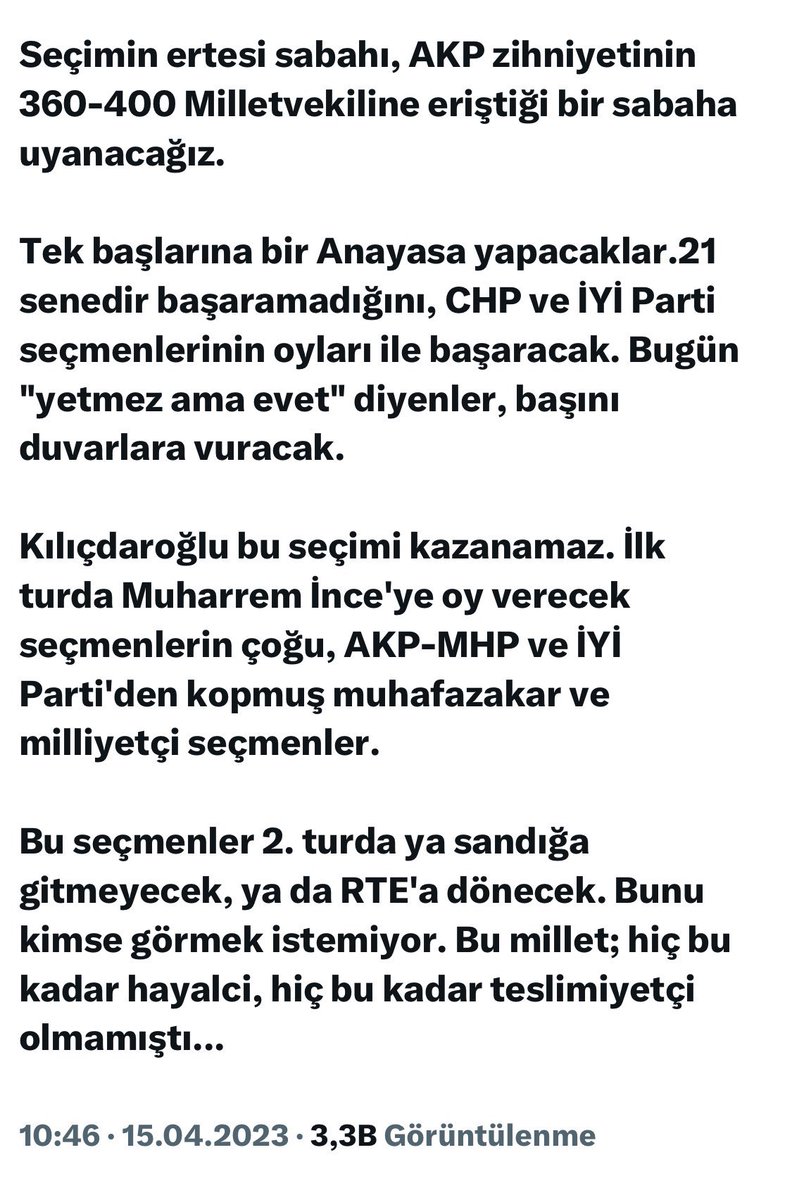 AvukatBelcin's tweet photo. Neden ısrarla TBMM tablosunu göz ardı ediyorsunuz acaba? 

2023'de de uyardım; TBMM, kimin CB. seçileceği kadar önemli dedim, umursamadınız. 

Buyrun, TBMM tablosu ortada.
%90'ı vatan haini. 

Neden?

Çünkü kime oy verdiğiniz umurunuzda bile olmadı. 

Ben zaten Memleket Partisi'ni ve Muharrem İnce'yi destekledim. İki adaya da, iki ittifakın MV. adaylarına da oy vermedim.

6'lı masayı ve adayını destekleyenler, en azından MV. listelerinde İYİ Partiye oy verseydi, bugün TBMM'de 200'ün üstünde İYİ Partili verecekti bugünkü mücadeleyi‼️

Memleket Partisini destekleseydiniz, yine mecliste 200 kadar Atatürkçü olacaktı.

Bugün Türkiye Cumhuriyeti doğrudan hedef alınmışken, en azından defalarca uyardığım için vicdanım çok rahat...