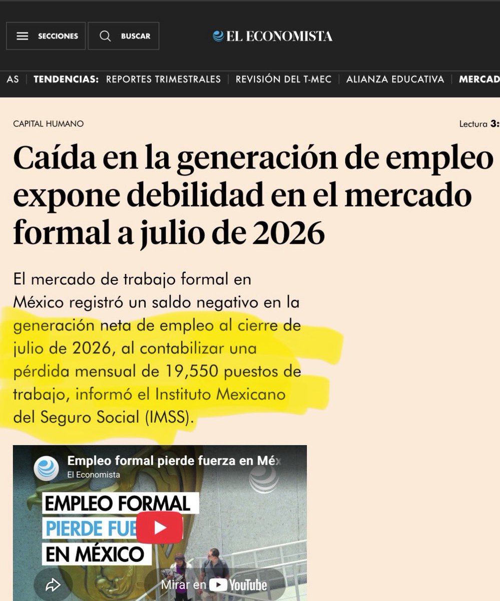 mario_dico50's tweet photo. 🔴 AL MOMENTO : CRISIS DE EMPLEO FORMAL DESMIENTE DISCURSO DE “BONANZA” ECONÓMICA DE SHEINBAUM, EN PUERTA CRISIS DE CARTERA VENCIDA : De acuerdo al @Tu_IMSS durante el mes de julio se destruyeron 19,550 empleos formales , lo que contrasta con el discurso gubernamental y pone en evidencia que tanto el @INEGI_INFORMA como @Banxico han perdido independencia y autonomía y están actuando como “paleros” de Ejecutivo Federal. Preocupa la cartera vencida de casi 6 millones de creditos .