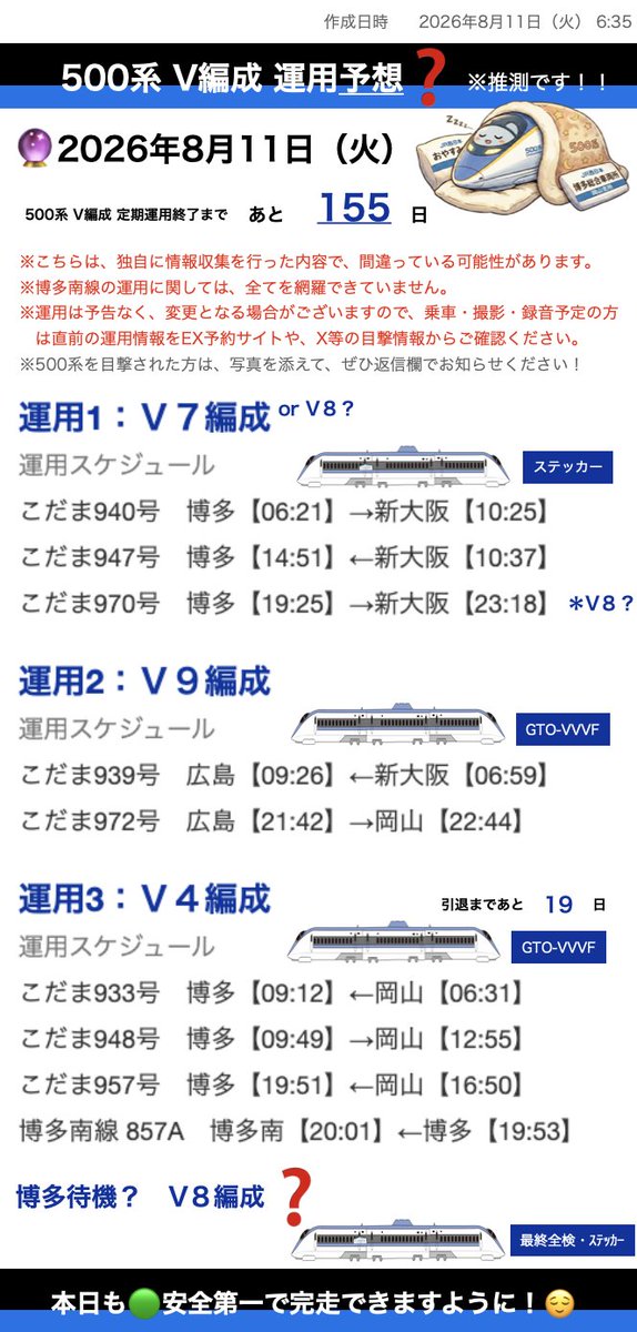 shinkansen24's tweet photo. おはようございます☀️
------------

2026年8月10日(月)：の500系運用【記録】と
2026年8月11日(火)：の500系運用【予想】のまとめ

＋9月30日までの500系の運用予定まとめ
です！

一部情報更新しました！
------------

今日はまとめ画像の通りの運用となる見込みです！
が、こだま940号の運用は未確認です💦

ライブカメラの映像でステッカーが
ついていることは確認できましたが
V8かV7編成かは分かりませんのでご了承ください。

こだま970号で運用が交代になる可能性もあります。

------------

昨日のこだま970号はV９編成が
引き続き担当した模様です。

------------
※急な運用変更の場合もあります。引き続き、皆様から500系の目撃情報がありましたら、こちらのポストの返信で、列車名、目撃位置、写真等を添えてお知らせいただけますと幸いです。
🟨🟨🟨🟨🟨🟨🟨🟨🟨🟨🟨🟨🟨🟨
見学・撮影・録音の際は、くれぐれも運行を妨げることのないよう、みなさまお気をつけください。
『黄色い点字ブロックの内側、踏まない位置』からお願いいたします。
------------