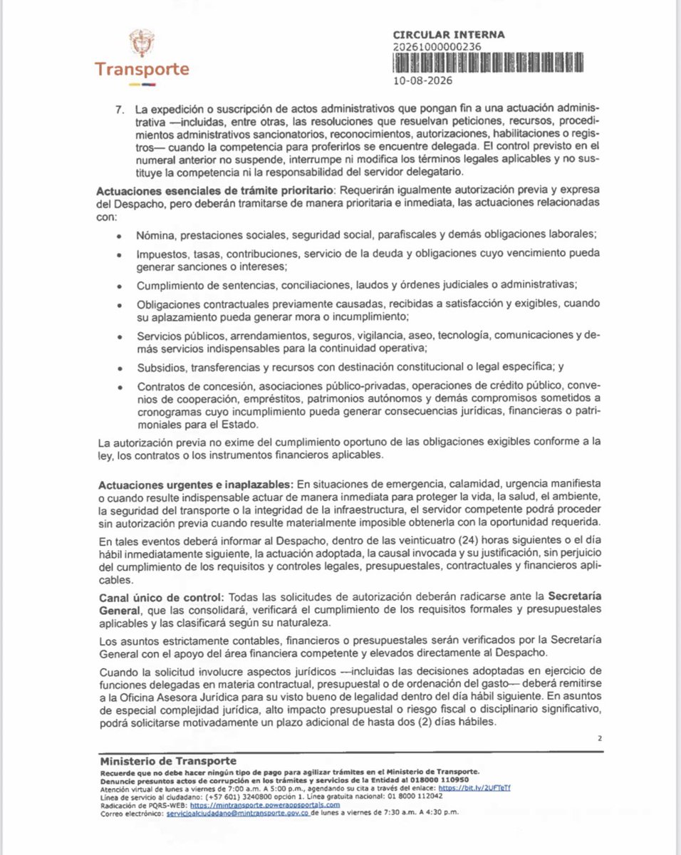 MinTransporteCo's tweet photo. Para garantizar una transición institucional ordenada y transparente, el Ministerio de Transporte establece controles temporales sobre actuaciones contractuales, presupuestales, financieras y de talento humano, de estricto cumplimiento para las entidades adscritas del sector. https://t.co/2A0xGFQ5Jv