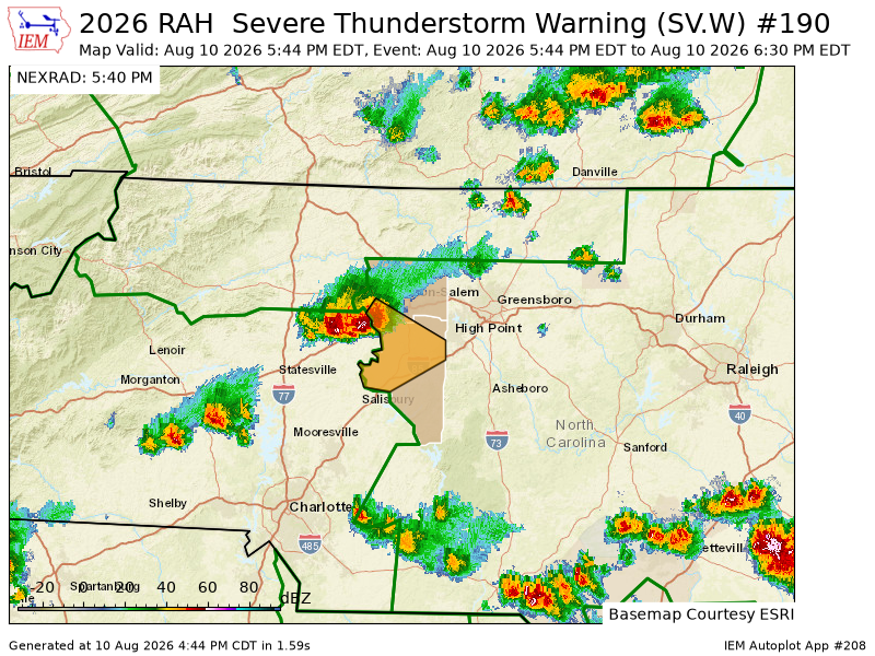 djwake1990's tweet photo. RAH issues Severe Thunderstorm Warning [wind: 60 MPH (RADAR INDICATED), hail: <.75 IN (RADAR INDICATED)] for Davidson, Forsyth [NC] till 6:30 PM EDT https://t.co/IHixWn7udw https://t.co/Fs3KMsxVc6