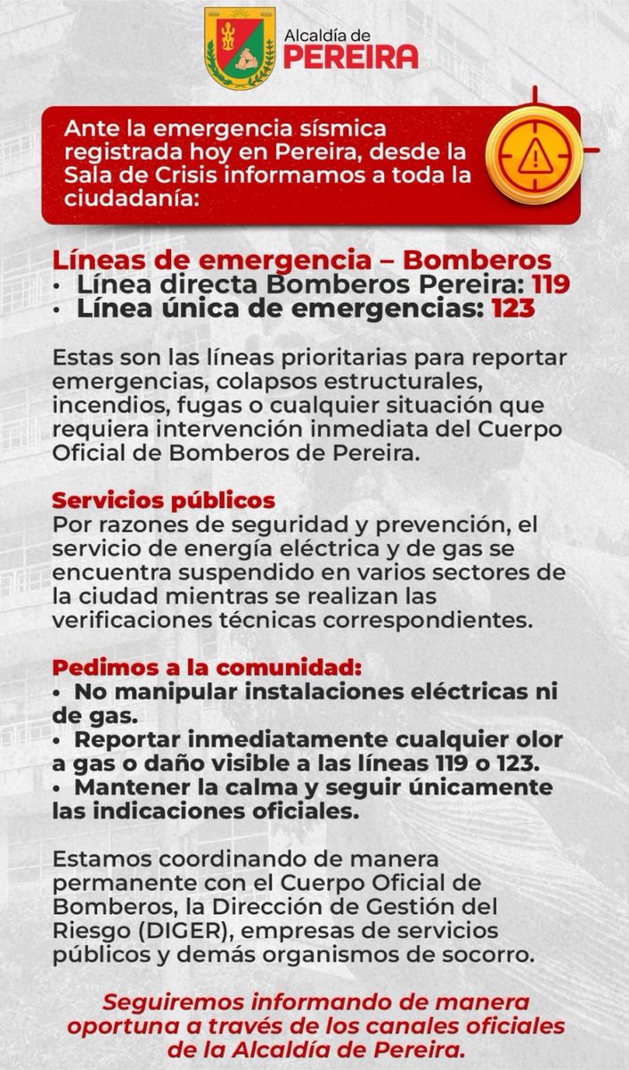 ff_abogados's tweet photo. 🚨 Líneas de emergencia y atención

Compartimos las líneas disponibles en #Cali, #Caldas, #Quibdo y #Pereira ante la emergencia que atraviesa nuestro país.

Nos solidarizamos con todos los afectados. 🇨🇴

Comparte esta información, puede ser de gran ayuda #UnidosHayEsperanza.

#temblor #ColombiaHoy