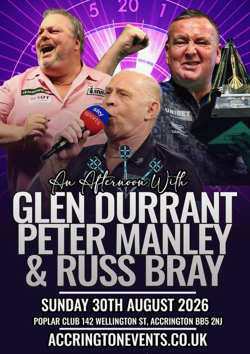 PaulBoothMC's tweet photo. A North West weekend of Darts with @Russ180 @Duzza180 & @onedart180 - Final weekend of August - Details from https://t.co/IZOcDxaEAu #DartsLegends #RussBray #TheVoiceOfDarts #GlenDurrant #Duzza #PeterManley #OneDart #DartsExhibition #180 #PlayTheLegends #MeetTheLegends #Preston https://t.co/eNpCj5S79P