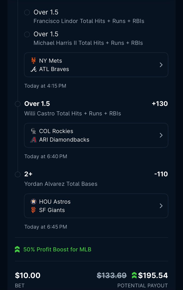 MismatchBet's tweet photo. 🔥 PLAY OF THE DAY 🔥
4-leg MLB parlay:
• Francisco Lindor Over 1.5 Hits + Runs + RBIs
• Michael Harris II Over 1.5 Hits + Runs + RBIs
• Willi Castro Over 1.5 Hits + Runs + RBIs (+130)
• Yordan Alvarez 2+ Total Bases (-110)
50% profit boost 💰
$10 ➡️ $195.54 https://t.co/2pBFXv9rTu