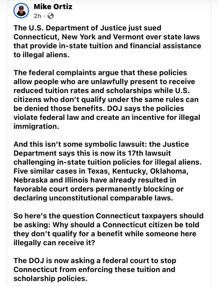 CTLake14Patriot's tweet photo. The federal government literally has to sue this corrupt Lamont administration to stop providing illegals with reduced college tuition OVER AMERICANS.

If you still vote for a Democrat, you’re voting for the continued demise of our once great State. https://t.co/TAiqADZDPJ
