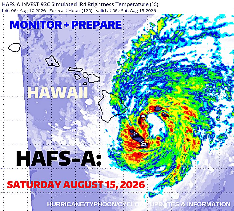 GlobalCyclones's tweet photo. 🌀 INVEST #93C / #LaLa
— #HAWAII TROPICAL THREAT
As of Monday, August 10, 2026
Invest 93C is a broad, increasingly organized area of low pressure approximately 1,100 miles east-southeast of the Hawaiian Islands. It is currently producing disorganized showers and thunderstorms, with conditions favorable for further development.
The latest information indicates that 93C is expected to become a TROPICAL DEPRESSION or TROPICAL STORM during the middle of this week as it begins moving generally west-northwestward to northwestward toward Hawaii.
🗓️ WHEN COULD HAWAII BE AFFECTED?
The most important period is now looking like:
Friday, August 14, 2026 → Sunday, August 16, 2026
Current forecast guidance suggests the system could begin producing significant effects around the Hawaiian Islands Friday August 14, 2026, with the potential for the most widespread impacts Friday night through the entire weekend, August 15-16, 2026.
Important: There is not yet a reliable LANDFALL zone. Some guidance keeps the strongest part of the circulation south of the islands, while other model solutions bring the system considerably closer to or across the island chain.
🌬️ WIND THREAT
The strongest winds would be concentrated near the eventual center and its strongest rainbands. A south-of-the-islands track could substantially reduce direct wind impacts while still producing dangerous surf, heavy rain and strong gusts.
🌊 SURF / STORM SURGE
Bery large swells could reach Hawaii, with estimates of approximately 16–20 feet of deep-water swell possible as the system approaches.
Dangerous surf is likely to arrive before the center of the tropical system reaches its closest point to Hawaii.
The greatest coastal concerns will include:
Dangerous breaking waves
Powerful rip currents
Coastal overwash
Beach erosion
Dangerous conditions for small boats
Possible coastal flooding in vulnerable locations
🌧️ RAINFALL / FLOODING
Heavy rainfall is another potentially significant threat.
Because 93C is currently a large and broad disturbance, rainfall impacts could extend well away from the center. If the circulation passes close to the islands, tropical moisture could produce:
Torrential rainfall
Flash flooding
Rapid rises in streams and normally dry channels
Mudslides and landslides
Road closures
Reduced visibility
Localized power outages
The mountainous terrain of the Hawaiian Islands makes flash flooding and landslides particularly important concerns, even if the strongest winds remain offshore.
🏝️ ISLAND-BY-ISLAND CONCERN
Island/Area Current concern
Hawaii Island 🟠 Potentially first significant impacts Friday; heavy rain, strong winds and dangerous surf possible
Maui / Molokai / Lanai 🟠 Increasing concern Friday night–Saturday; rainfall, surf and wind dependent on track
Oahu 🟠 Potential Saturday impacts; Honolulu could experience strong winds, heavy rain and dangerous surf if track shifts north
Kauai 🟡 Potential Saturday–Sunday impacts; highly dependent on track
Niihau 🟡 Potential Saturday–Sunday impacts depending on westward/northward track
Statewide 🟠 Everyone should monitor forecasts now
⚠️ WHAT PEOPLE IN HAWAII SHOULD DO NOW
This is the preparation stage — not necessarily an evacuation stage.
Residents should begin making sure they can respond quickly if watches or warnings are eventually issued.
NOW:.
Know your evacuation zone, particularly if you live in a coastal or flood-prone area.
Check emergency supplies.
Have several days of drinking water and nonperishable food.
Charge phones, battery packs and other essential electronics.
Check flashlights, batteries and emergency radios.
Secure outdoor furniture, loose objects and other items that could become airborne.
Review your household emergency plan.
Make arrangements for pets.
Check medications and other essential supplies.
Avoid unnecessary exposure to the ocean as surf begins increasing.
--------
Respectfully,
Roshin