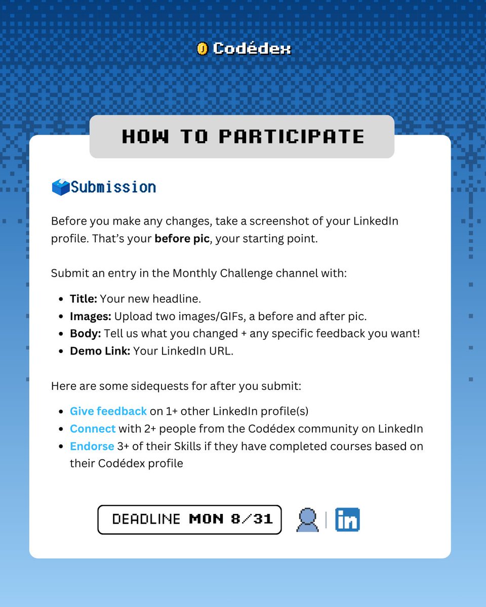 codedex_io's tweet photo. it’s that time of the month - spruce up your LinkedIn profiles this August and share them with us for the chance to win some prizes to keep you LinkedIn LARPing. head to codédex to share your profile! 👥💼
#codedex #techjobs #linkedinprofile https://t.co/rOwiuwBpjJ