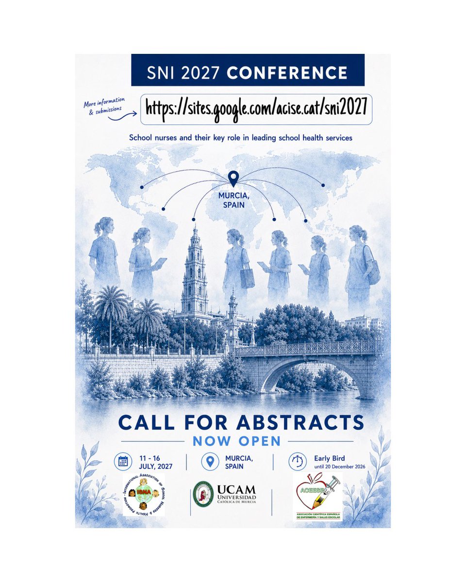ACEESE_ISNA's tweet photo. 🌍 SNI 2027 is coming to Murcia!

📣 Call for Abstracts now open!

📅 11–16 July 2027
📍 Murcia · UCAM
⏳ Early Bird until 20 Dec 2026

School nursing, science and international connections.

🌐 SNI 2027⁠

#SNI2027 #ISNA #SchoolNursing 
@schoolnurses 
@CGEnfermeria https://t.co/8IDSPhmnuy