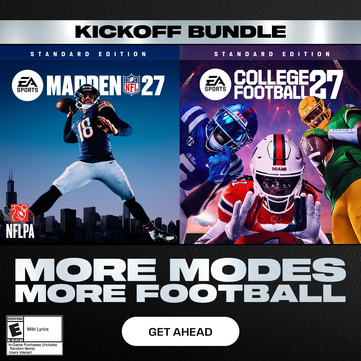 EAMaddenNFL's tweet photo. Buy the Kickoff Bundle today and live your entire football journey, from campus legend to NFL star. Includes the Standard Editions of both EA SPORTS™ Madden NFL 27 and College Football 27.
