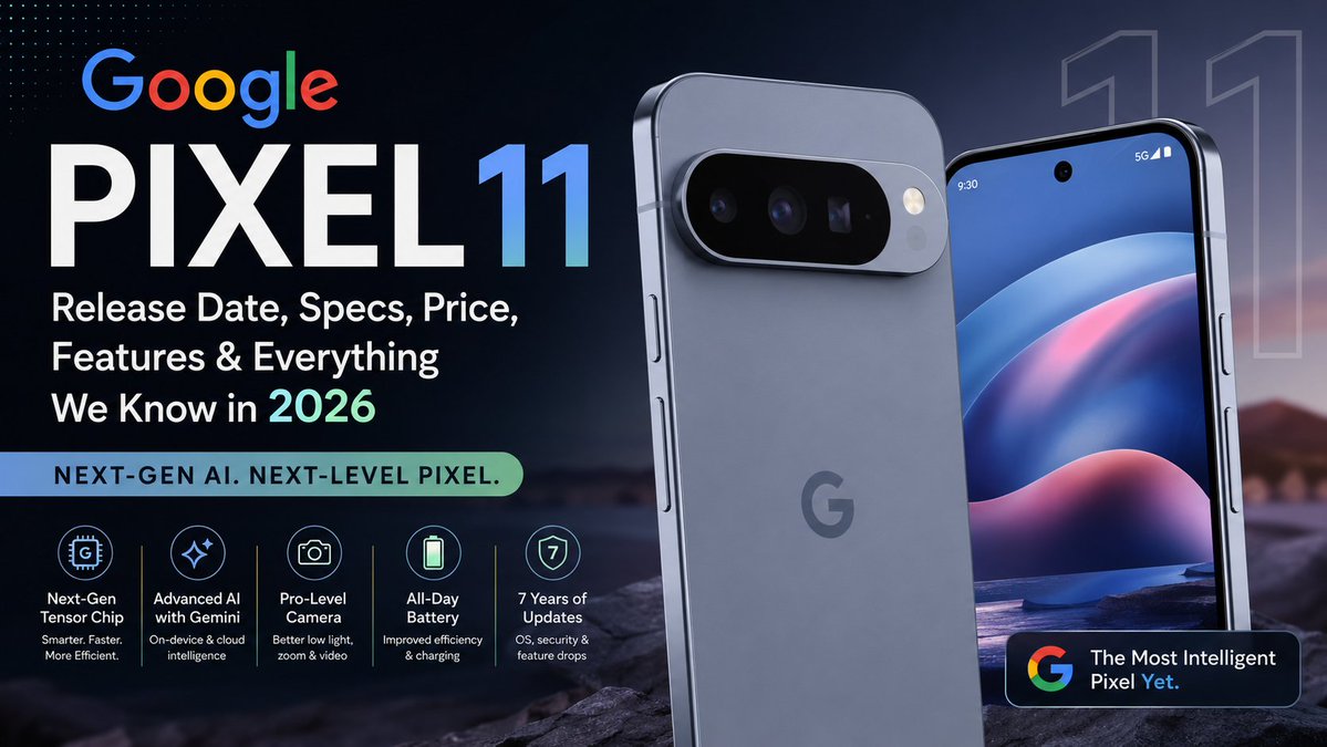 Maaz56's tweet photo. Is the Google Pixel 11 worth waiting for? 
​2nm Tensor G6 upgrades to magnetic Qi2 charging  Google is making massive quality-of-life moves for 2026.
​Read our complete breakdown on expected specs, pricing &amp; launch dates:
https://t.co/abxcnpV7nS
​#Pixel11 #GooglePixel #Android https://t.co/y0ksoN0OP1