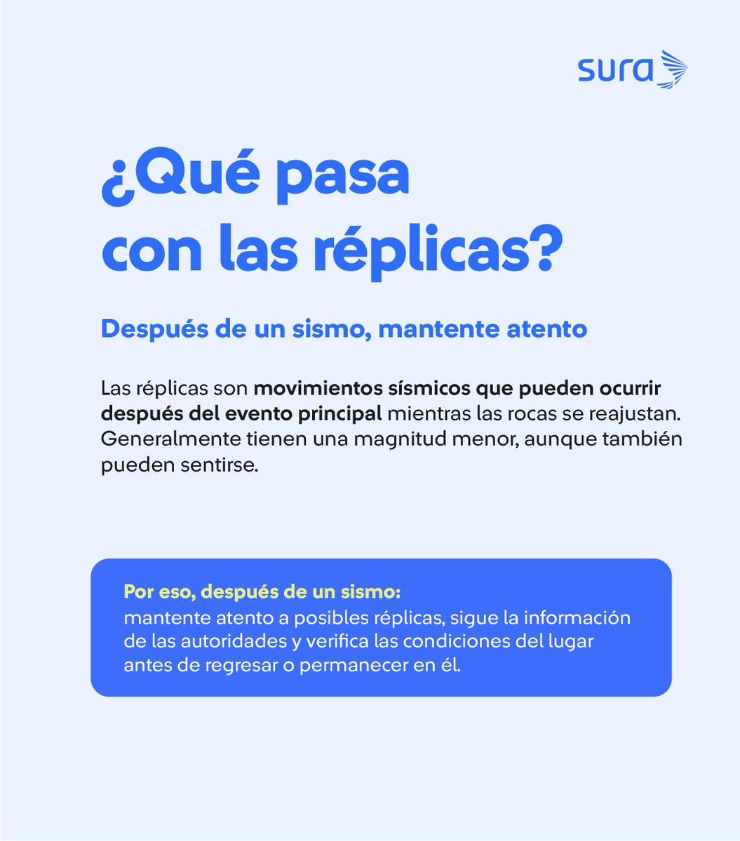 SegurosSURAcol's tweet photo. Ten en cuenta estas recomendaciones ante un sismo 🧐 

Los sismos pueden presentarse en cualquier momento. Prepararnos con anticipación y saber cómo actuar durante y después de un sismo nos ayuda a protegernos y cuidar a quienes nos rodean. 💙 https://t.co/a9tyDTdhsj