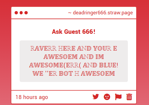 MONSTROUSMIRAGE's tweet photo. 1. I LO . . . . FUC K YOU DIE DIE D IE
2. TH A NK YOU RAV E . I LI KE HOW BLUE YO U ARE .
3. TH A T STUFF IS K I L LER . . .
4. NO . NOT REA L LY . I WO U LD JUST EA T FROM WHERE V ER NOOB WOU LD DRAG ME TO . I GU ESS . https://t.co/ouBq0xYMy8