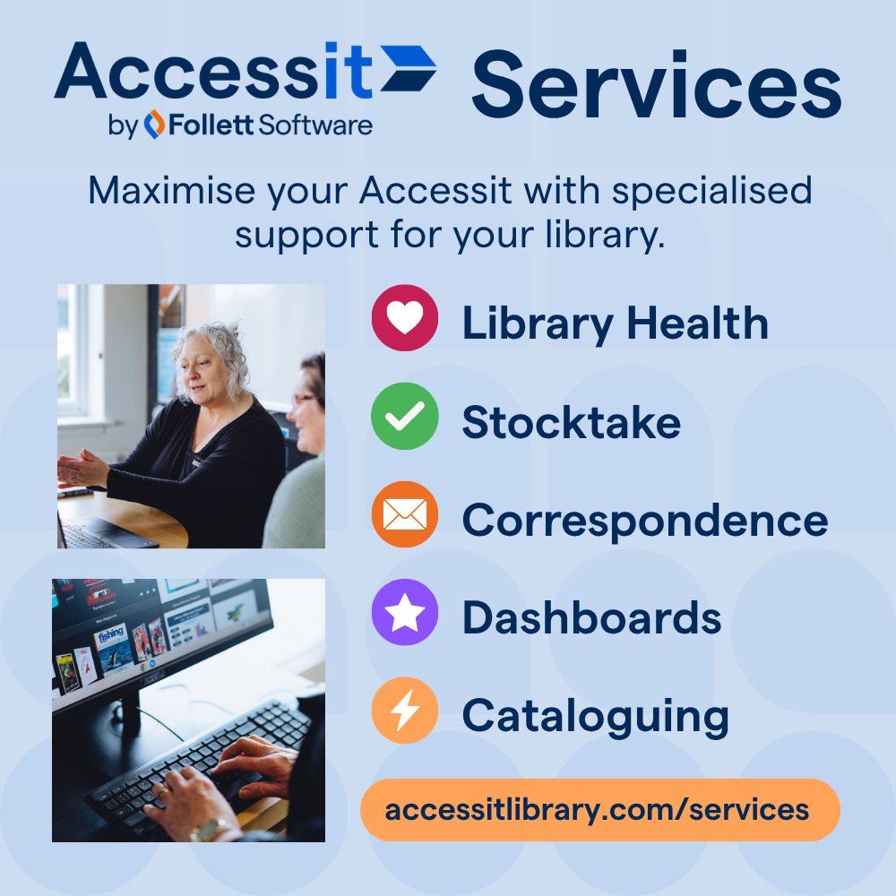 AccessitLib's tweet photo. Want to make sure you’re getting the most out of Accessit? 🤔

Give your library a boost with our specialised training and support services, covering everything from a general health check to cleaning up your correspondence 📚 

find out more at https://t.co/WtVT6TpUl3 ✨ https://t.co/YLczTI5pmB