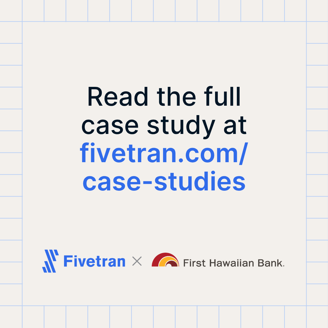 fivetran's tweet photo. First Hawaiian Bank, Hawaii’s oldest and largest financial institution, modernized its data and analytics foundation with Fivetran to deliver faster insights, self-service reporting, and a unified customer view.

Read more https://t.co/FSJ0KkN1mf https://t.co/n4Kg8IsgZS