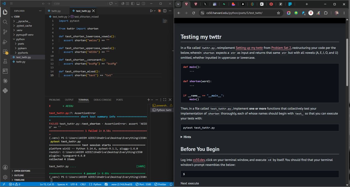 abzdevng's tweet photo. Day 27 🐍
Finished lecture 5: unit testing with pytest, assert, AssertionError. Solved 2 of 4 psets.
Brain hit a wall on the third, calling it here instead of forcing sloppy work.

Knowing when to stop is part of the process too.

#CS50P #Python #100DaysOfCode #CodeNewbie https://t.co/h6Is3oeK4t
