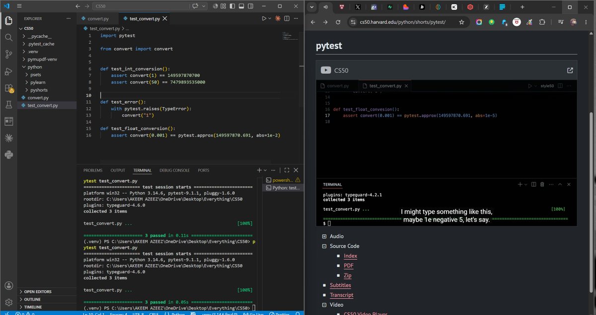 abzdevng's tweet photo. Day 27 🐍
Finished lecture 5: unit testing with pytest, assert, AssertionError. Solved 2 of 4 psets.
Brain hit a wall on the third, calling it here instead of forcing sloppy work.

Knowing when to stop is part of the process too.

#CS50P #Python #100DaysOfCode #CodeNewbie https://t.co/h6Is3oeK4t