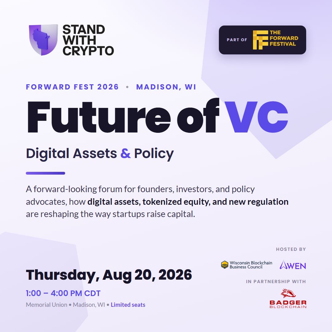wi_digital's tweet photo. We are hosting a session at Forward Fest 2026 (@fwdtech)

With @standwithcrypto and @BadgerBlock.

Future of VC: Digital Assets &amp; Policy
8/20 · 1PM

👉 https://t.co/yEVu9m0cZ8

Tokenized equity, digital assets, and what the last year of regulation changed for VCs and founders. https://t.co/f7Vih19DTH