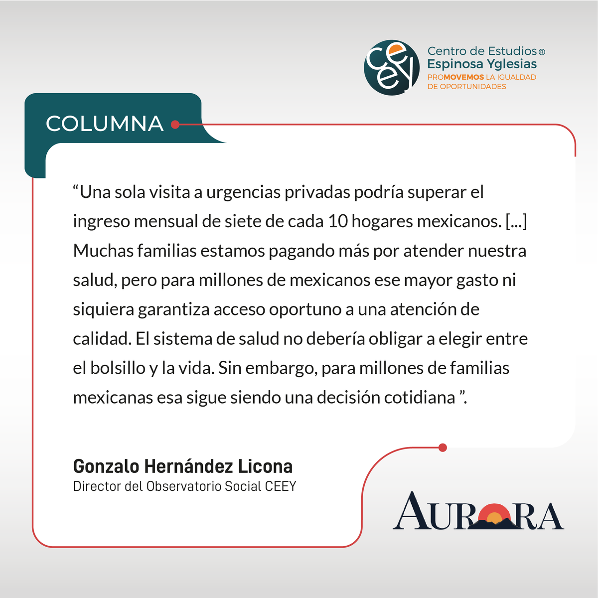 ceeymx's tweet photo. Una sola visita a urgencias privadas podría superar el ingreso mensual de 7 de cada 10 hogares mexicanos. ¿Qué revela esto sobre las desigualdades en el país? ⚖️

Lee la columna de @GHLicona director del Observatorio Social CEEY en @AuroradeMexico ✍🏾 https://t.co/fQVy01bK2O https://t.co/MinXx9Rl2D