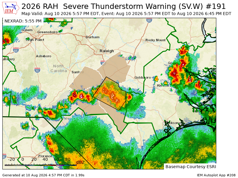 djwake1990's tweet photo. RAH issues Severe Thunderstorm Warning [wind: 60 MPH (RADAR INDICATED), hail: 1.00 IN (RADAR INDICATED)] for Cumberland, Harnett, Johnston, Sampson [NC] till 6:45 PM EDT https://t.co/yKgIeicFwG https://t.co/XZpTT6yWeq