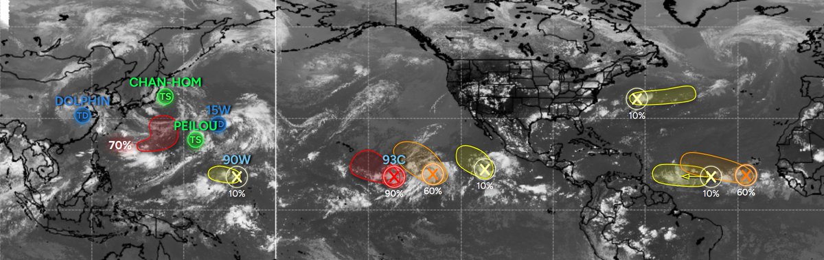 calebswxnews's tweet photo. Enjoy this current view of the world! Featuring:
- TS #Chanhom
- TS #Peilou
- TD #15W
- TD #Dolphin
- Invest #93C
- Invest #90W https://t.co/YPFLkxVWR8