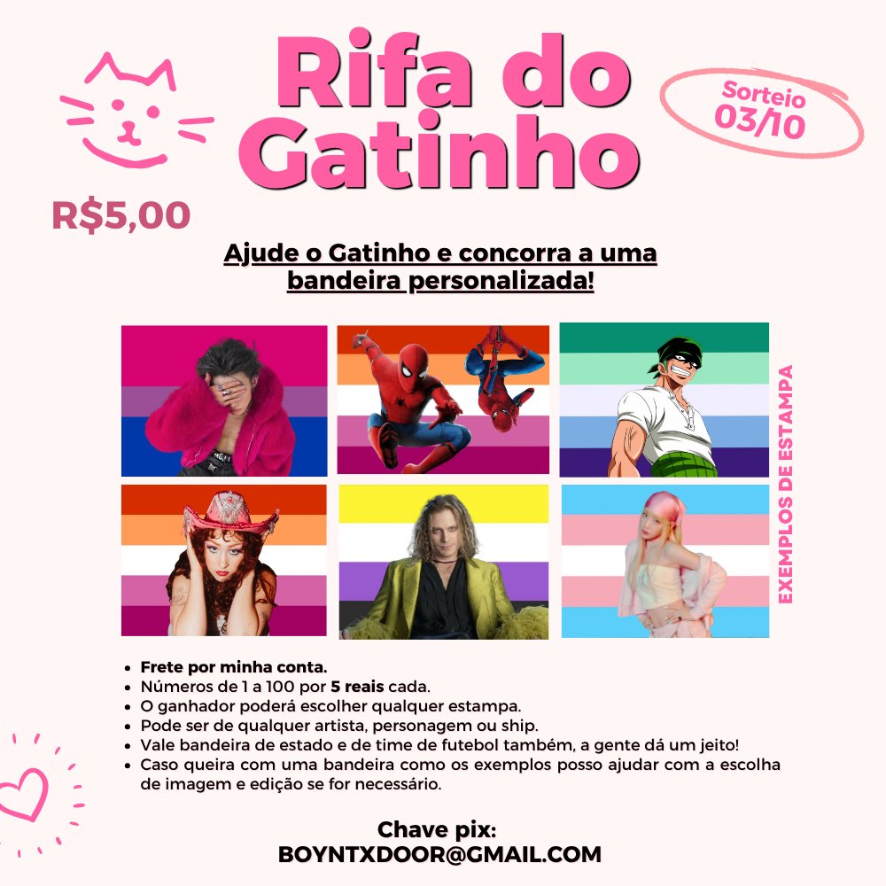 boyntxdoor's tweet photo. RIFA DO GATINHO 😺 

amigos do twitter o gatinho vai precisar passar por uns exames e provável cirurgia nos próximos meses e pra dar um help estarei rifando uma bandeira personalizada 

todas as informações estão no banner, mas fiquem a vontade pra mandar dm com perguntas! 🩷 https://t.co/cHMe9nf0rd