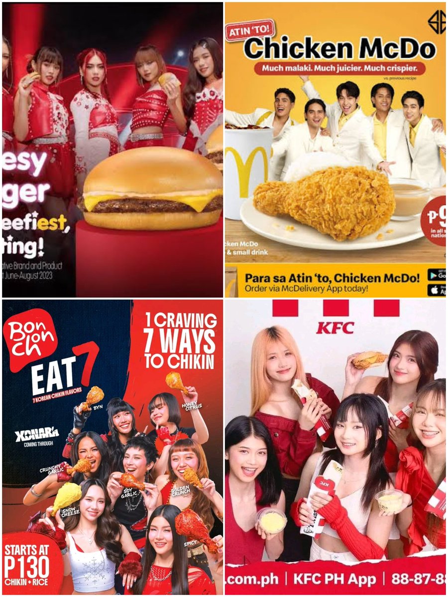 MarMar0805's tweet photo. p-pop groups and their fast food chain endorsements

Jollibee - Bini
Mcdonald's - SB19
KFC - Kaia
Bonchon - XONARA https://t.co/xTvCcGJB3G