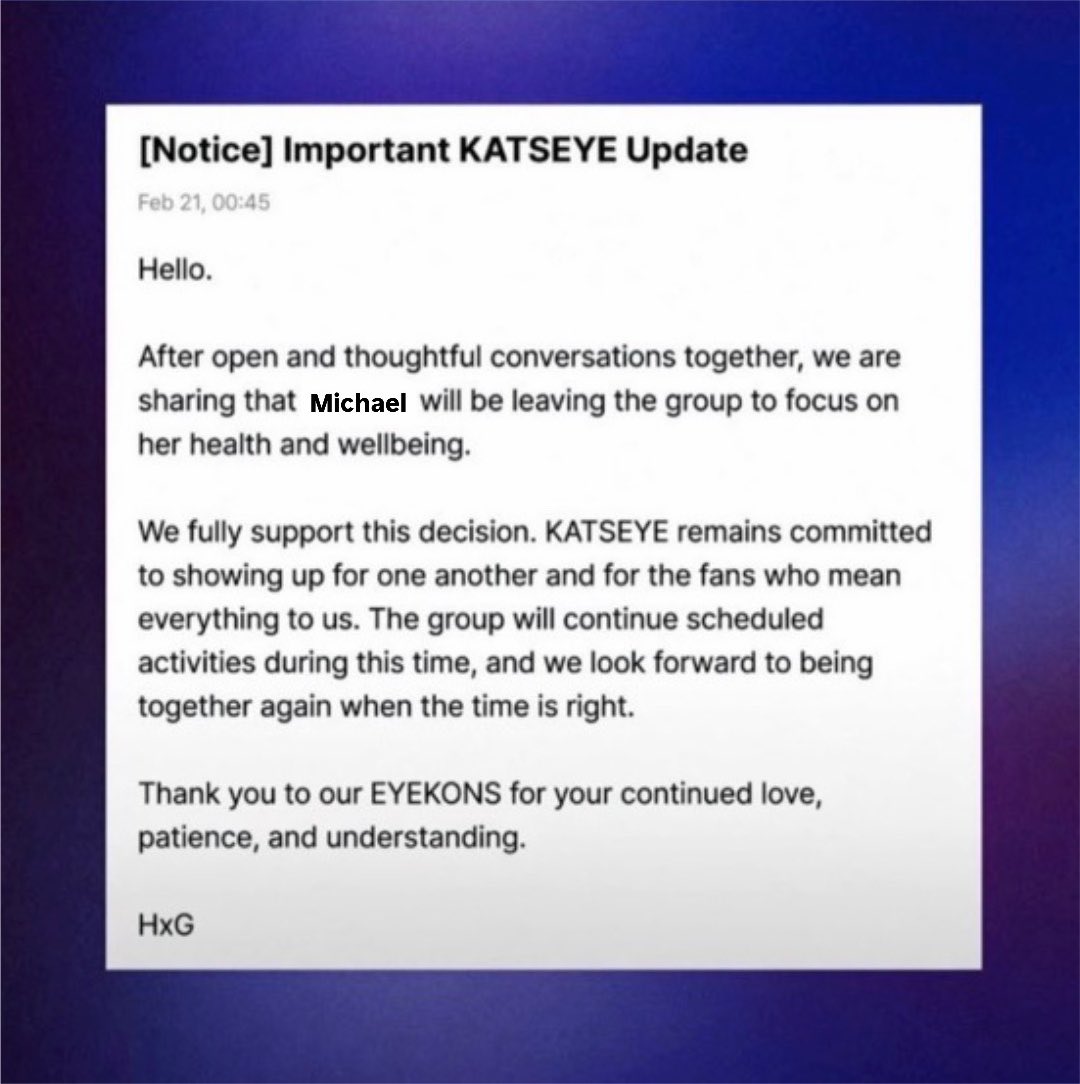 awayasavior's tweet photo. 🚨 Michael Clifford confirms she’s no longer part of KATSEYE, leaving the group permanently https://t.co/Symq41hPR3