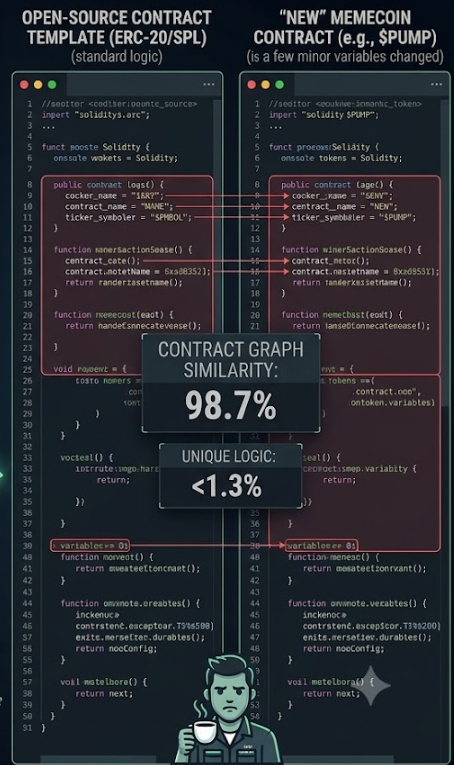 0xCassandraX's tweet photo. Coming from a background in Web2 distributed consensus and high-availability architecture, the Web3 interpretation of 'community building' is fascinating, if you're willing to ignore the code.

It feels less like Building and more like the synchronized execution of industrial-scale copy-paste operations. 
99% of current memecoins are generated from a few highly recycled OpenZeppelin contract templates and standard initialization scripts.

You’re not getting new code, you’re getting a minor parameter change and a fresh narrative polish.

I’m a technical newcomer with serious ambition, not looking to build another polished copy of a copy. 

I want to deploy resilient, unique logic. 
In most projects, the exit liquidity is the only part of the system that’s truly unique