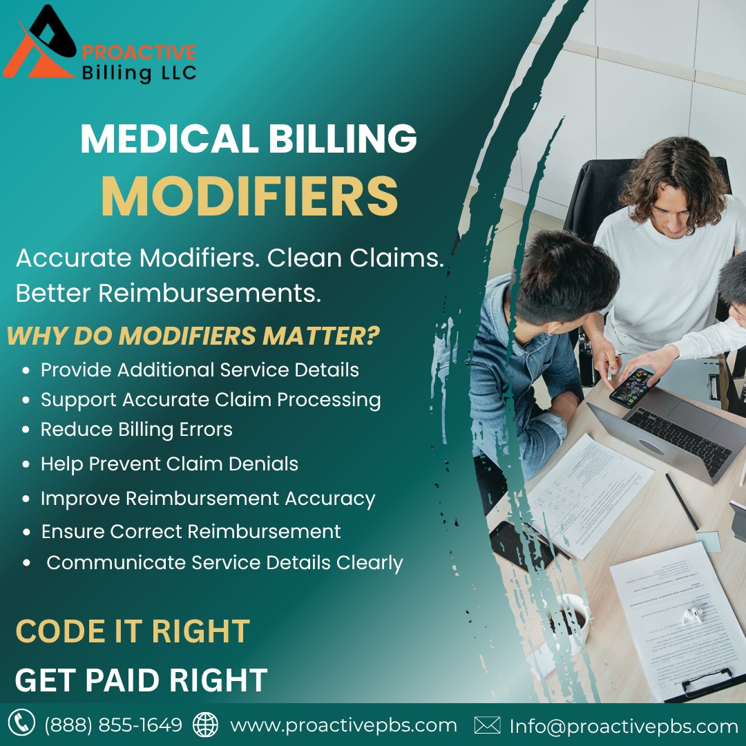 proactivepbs's tweet photo. Correct medical billing modifiers help reduce coding errors and support accurate claim processing. Let Proactive Billing LLC help improve your coding accuracy. 📞 888-855-1649 🌐 https://t.co/UMODfH4v0P #MedicalBilling #MedicalCoding #RCM https://t.co/kwuXZg5kf1